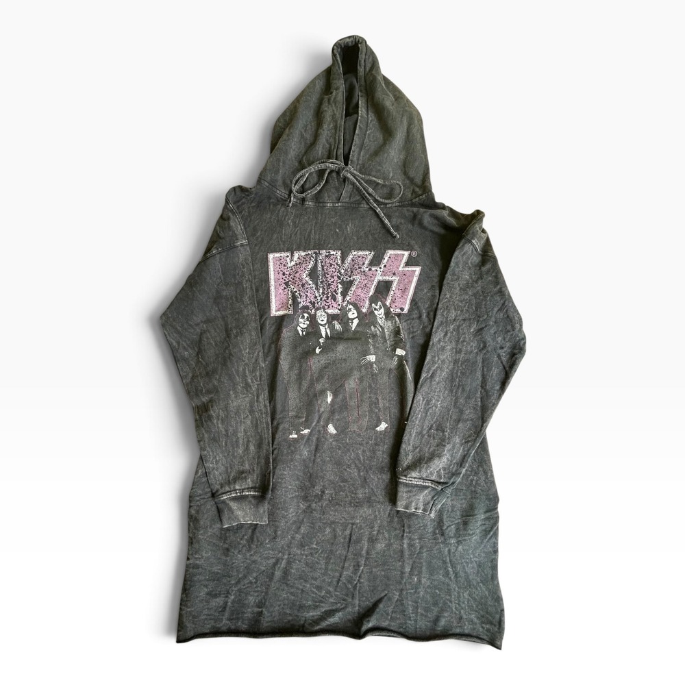 Vintage Canvas KISS Band Hooded T-Shirt Dress Gray Small Oversized NEW!